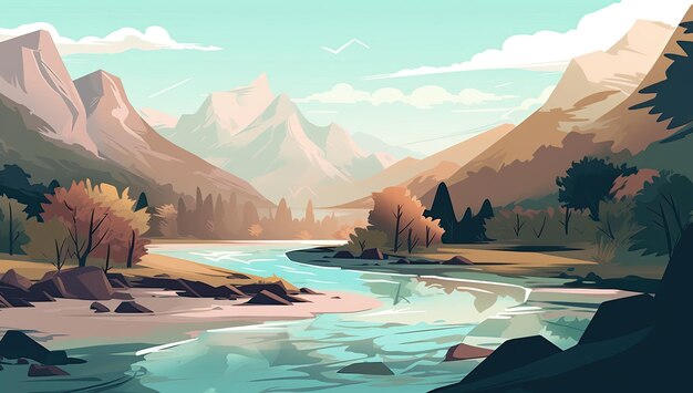 Paysage avec montagnes et rivière Illustration vectorielle en style cartoon