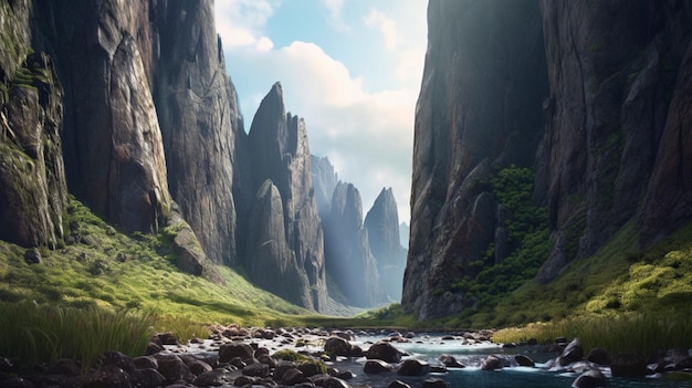 Un paysage avec des montagnes et une rivière