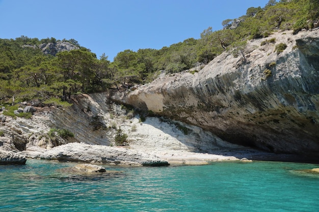 Paysage de montagnes rocheuses naturelles de Turquie au-dessus de l'eau de mer bleue