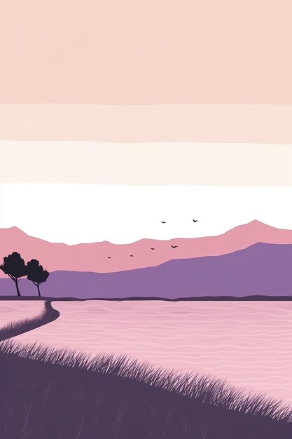 Un paysage avec des montagnes et une route avec des arbres et un champ avec un ciel violet.