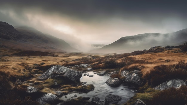 Un paysage avec des montagnes et un ruisseau