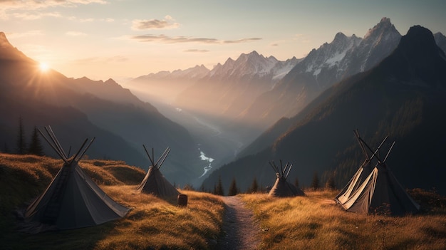 Un paysage avec des montagnes et un tipi au loin