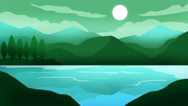 Paysage de montagnes vertes et de lac avec vue nocturne Illustration