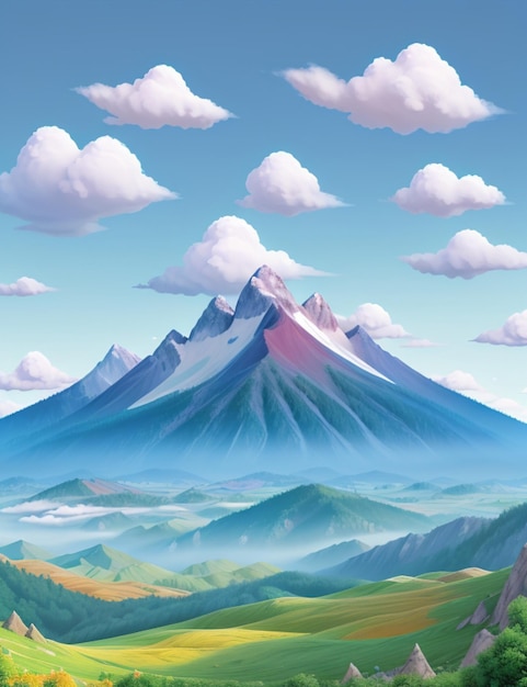 Un paysage montagneux animé avec des nuages et de l'herbe