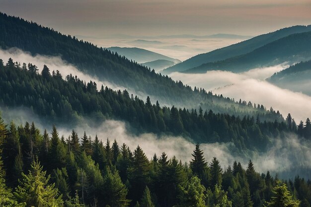 Un paysage montagneux brumeux des Carpates avec une forêt de sapins