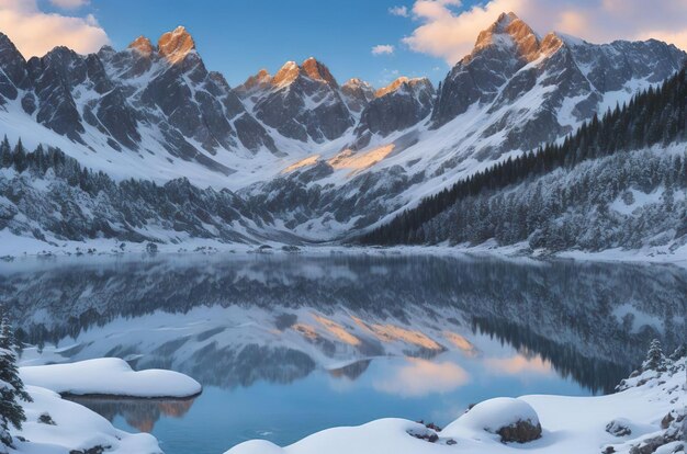 Un paysage montagneux époustouflant avec des sommets enneigés et un lac alpin réfléchissant