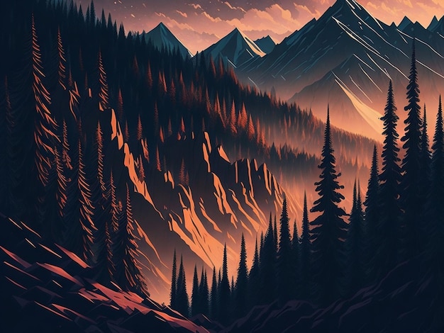 Photo paysage montagneux avec forêts et hauts sommets au coucher du soleil