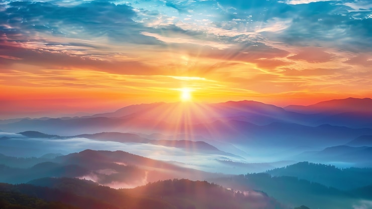 Photo un paysage montagneux incroyable avec des couleurs vives le ciel est bleu foncé le soleil est jaune vif et les montagnes sont vert riche