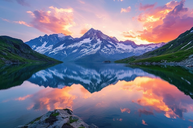 Un paysage montagneux majestueux au coucher du soleil des sommets enneigés resplendissants