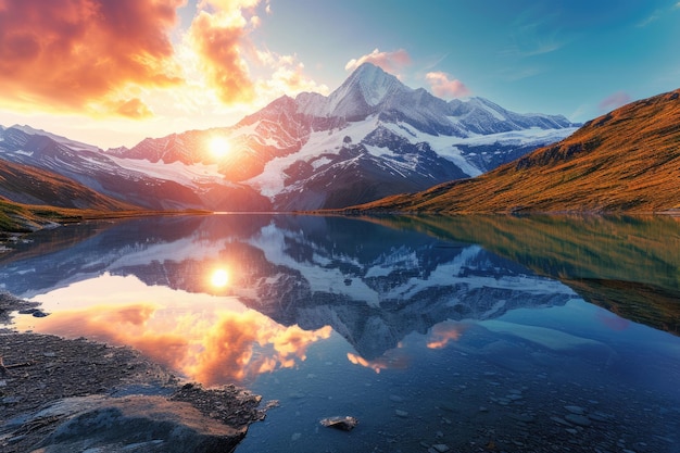 Un paysage montagneux majestueux au coucher du soleil des sommets enneigés resplendissants