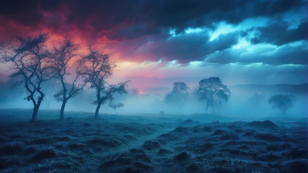 Un paysage mystérieux, sombre et brumeux.