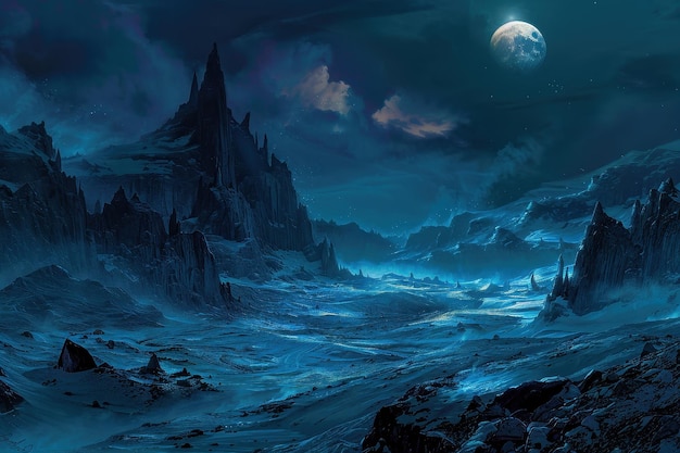 Un paysage mystique éclairé par la lune avec des montagnes couvertes de neige et un ciel étoilé