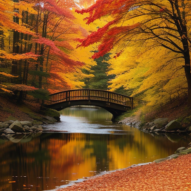 Paysage de nature d'automne Pont du lac dans la forêt d' automne Chemin dans les bois dorés Vue romantique Scène d'image Étang magique brumeux au coucher du soleil Parc de feuilles d'arbres de couleur rouge