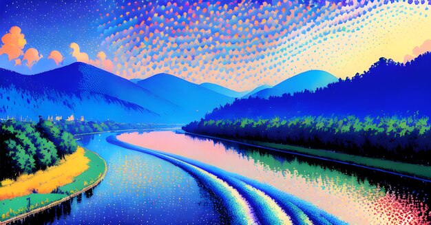 Paysage Nature Beau ruisseau de rivière dans la forêt champs colorés de fleurs nuages AI générative pour instagram facebook peinture murale