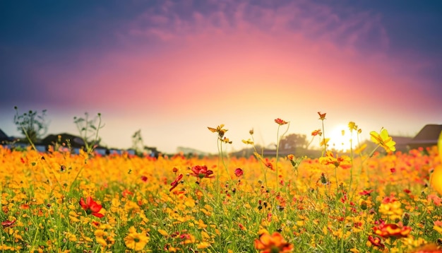 Paysage nature fond de beau champ de fleurs de cosmos rose et rouge au coucher du soleil