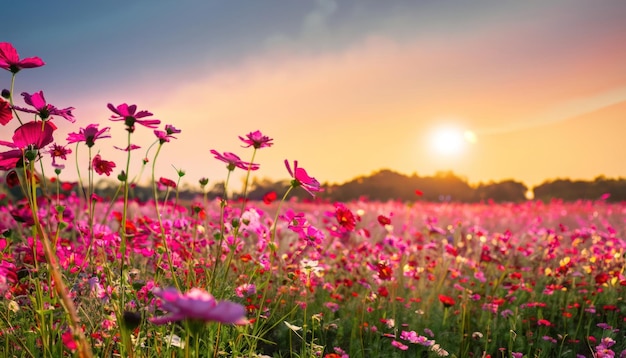 Paysage nature fond de beau champ de fleurs de cosmos rose et rouge au coucher du soleil