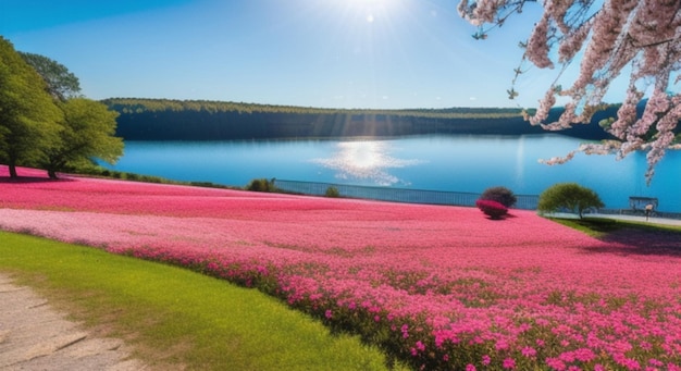 Paysage nature panorama lac avec des fleurs