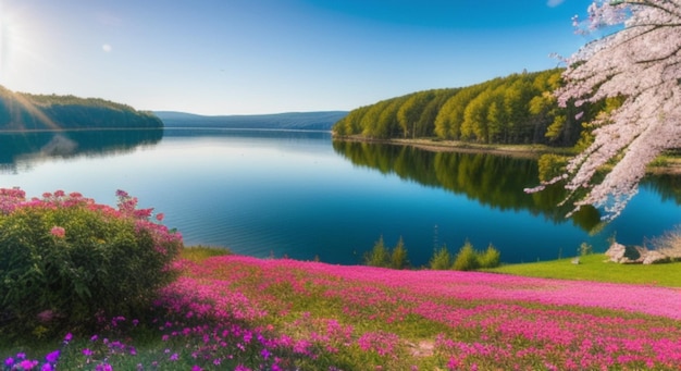 Paysage nature panorama lac avec des fleurs