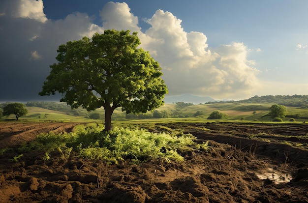 Paysage naturel arbre solitaire dans le champ