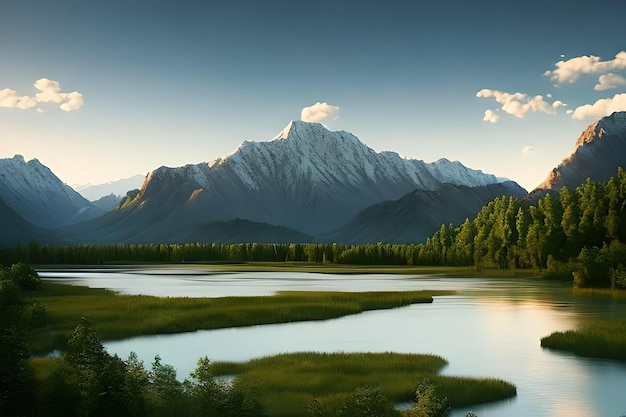 paysage naturel avec des arbres autour d'une rivière et des montagnes en arrière-plan