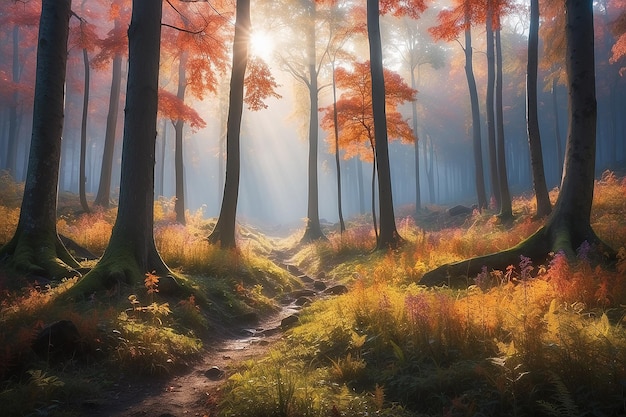 Paysage naturel d'automne d'une forêt colorée à la lumière du soleil du matin