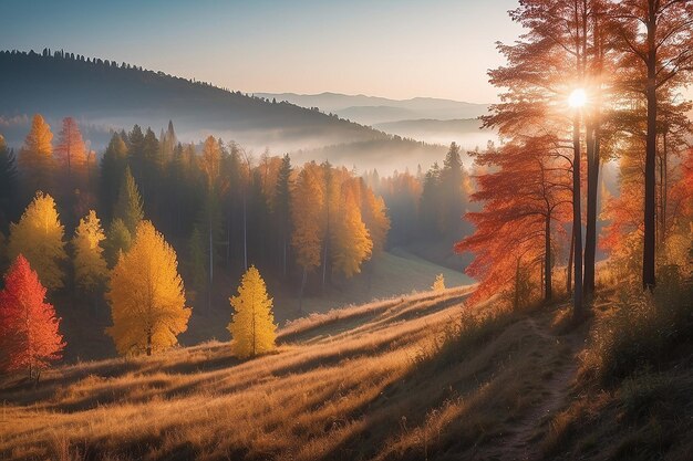 Photo paysage naturel d'automne d'une forêt colorée à la lumière du soleil du matin