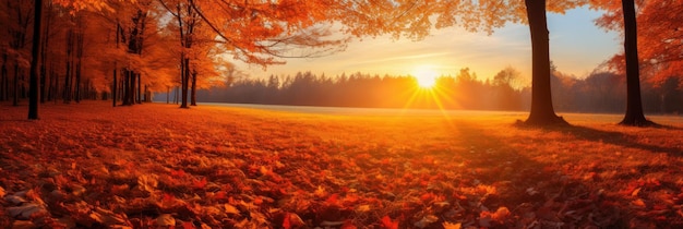 Paysage naturel d'automne avec le soleil dans la forêt et une montagne de feuilles d'oranger