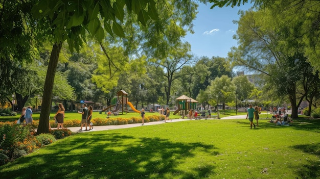 Paysage naturel dans un parc, des gens jouant, des arbres, de l'herbe et une aire de jeux AIG41