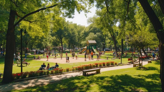 Paysage naturel dans un parc, des gens jouant, des arbres, de l'herbe et une aire de jeux AIG41