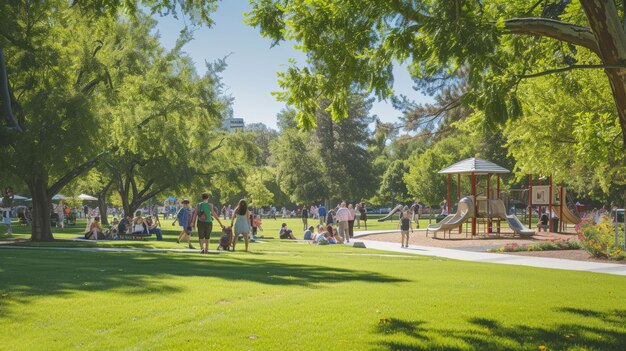 Photo paysage naturel dans le parc, personnes jouant, arbres, herbe et aire de jeux