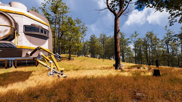 Paysage naturel avec des éléments technologiques du futur rendu 3d