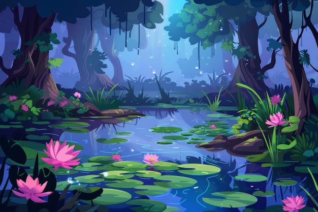 Photo paysage naturel d'un étang couvert de boue et de nénuphars d'eau dans la forêt arrière-plan de jeu informatique paysage fantastique mystique vue sur un étang couert de boue illustration moderne de dessin animé
