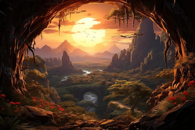 Un paysage naturel avec une grotte.