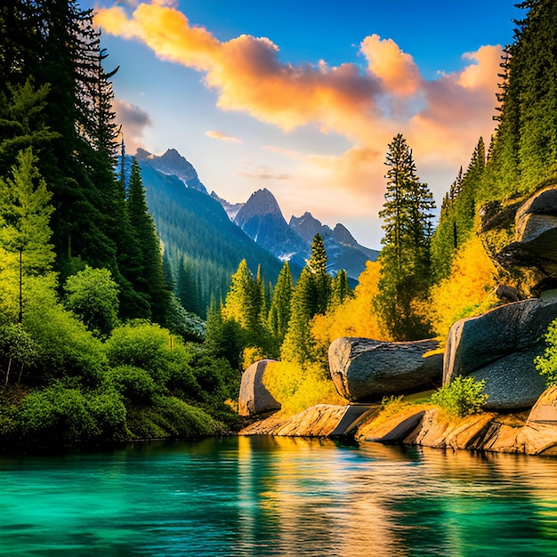 Photo paysage naturel d'un lac pittoresque et de montagnes majestueuses
