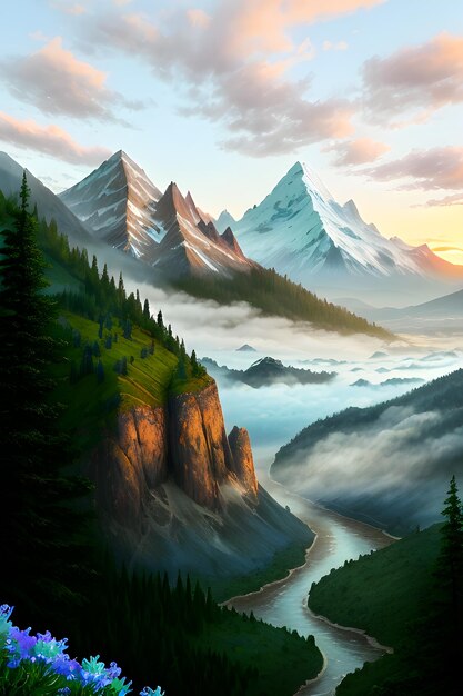Paysage naturel avec des montagnes et un ciel ensoleillé et nuageux