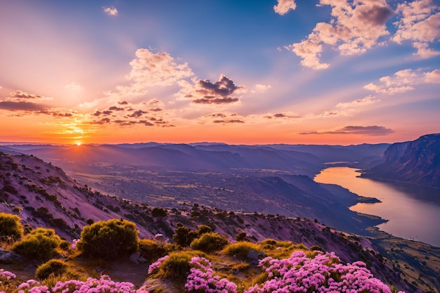 Paysage naturel de montagnes et de fleurs roses au coucher du soleil