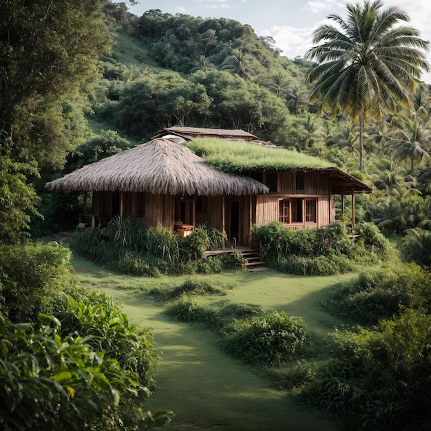 Paysage naturel d'oasis rurale avec maison HutStyle et végétation luxuriante