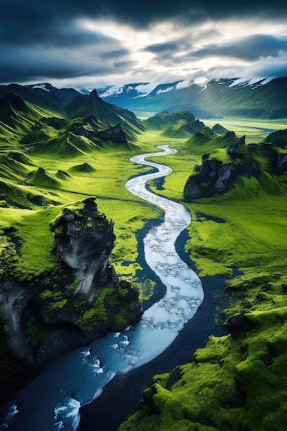 Paysage naturel panorama montagnes vallées islandaises avec une rivière ai génératif