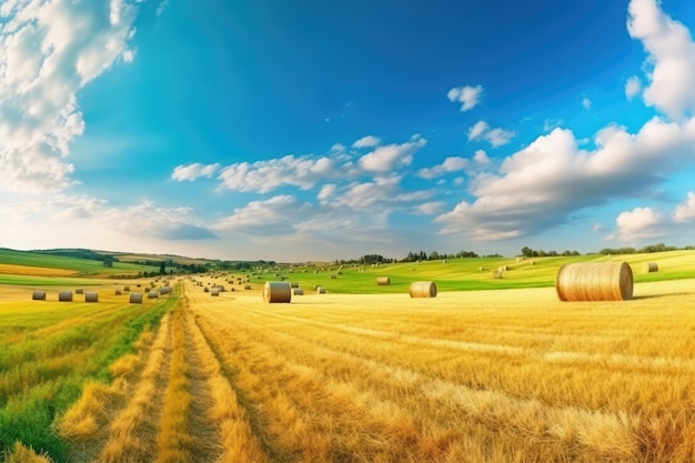 Photo paysage naturel panoramique avec champ doré d'herbe verte généré par l'ia