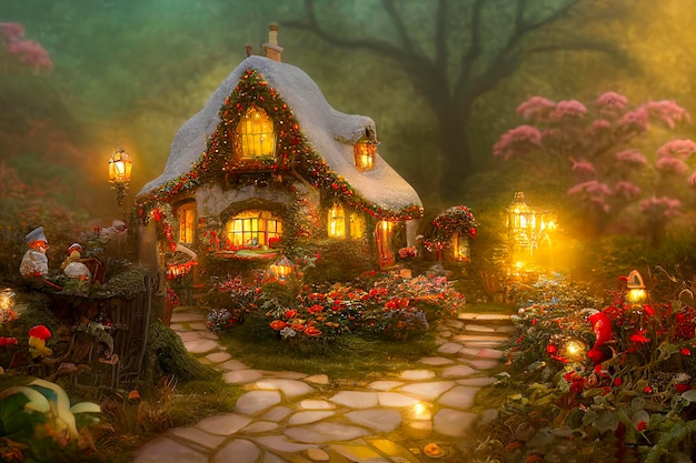 Paysage naturel d'un pays de conte de fées avec maisons et fleurs Style dessin animé