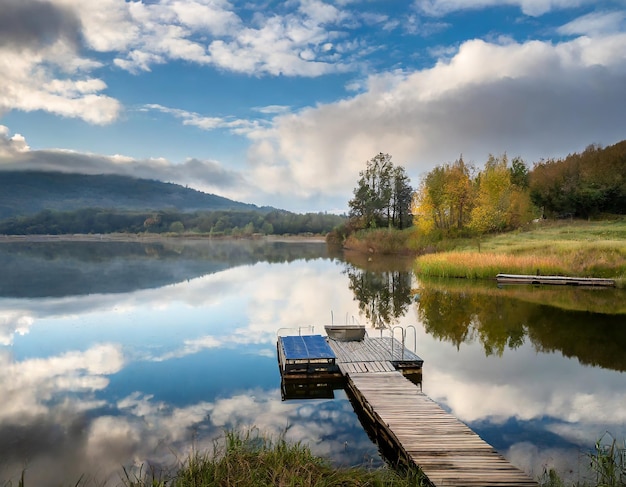 paysage naturel avec réflexion du lac avec des nuages et un quai pour bateaux