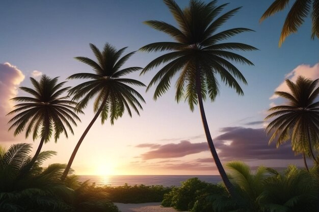 Paysage naturel tropical avec des palmiers au coucher du soleil à l'arrière-plan paysage tropical incroyable ciel sombre Concept de vacances d'été et de vacances de voyage Le lever du soleil fantastique pour la conception de vacances Copier l'espace de texte