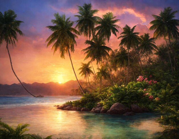 Paysage naturel tropical avec des palmiers à noix de coco au coucher du soleil à l'arrière-plan des paysages tropicaux étonnants Le lever du soleil fantastique pour la conception de vacances Concept de vacances d'été et de vacances de voyage Copier l'espace texte de l'annonce