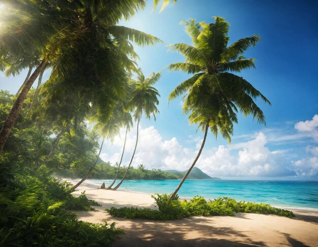 Paysage naturel tropical avec des palmiers à noix de coco au fond du ciel paysage tropical incroyable Concept de vacances d'été et de vacances de voyage Le lever de soleil fantastique pour la conception de vacances Copier l'espace texte de l'annonce