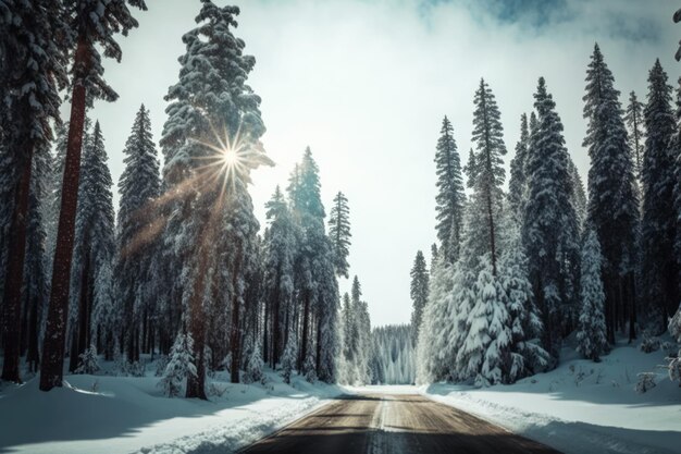 Paysage de neige d'hiver pittoresque avec route dans la forêt créée à l'aide de la technologie générative ai