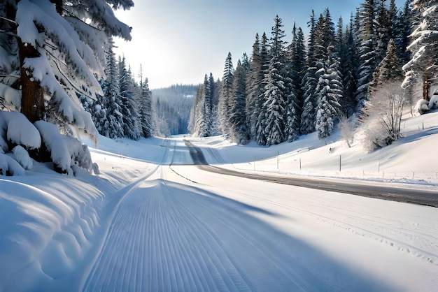 Paysage de neige d'hiver pittoresque avec route en fond de forêt