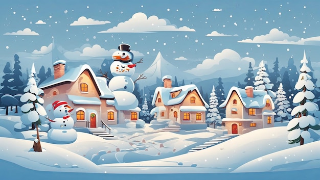 Paysage de neige d'hiver simple de dessin animé et maisons avec vecteur de conception d'arbre de Noël et de bonhomme de neige