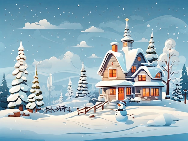 Paysage de neige d'hiver simple de dessin animé et maisons avec vecteur de conception d'arbre de Noël et de bonhomme de neige