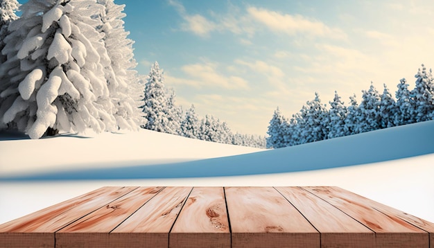 Paysage de neige d'hiver avec table en bois devant