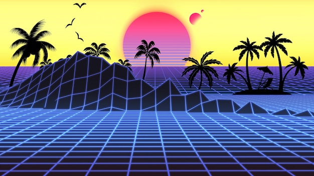 Paysage néon futuriste Style des années 1980 RPG abstrait RPG de jeu Arrière-plan Montagnes numériques